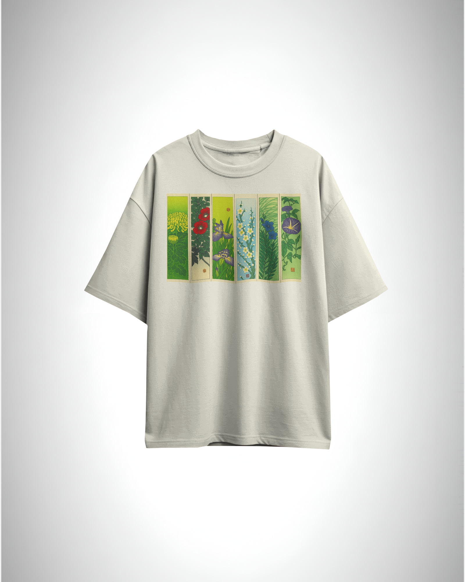 Hanafuda Garden, off white color, front side, oversized printed t-shirt
