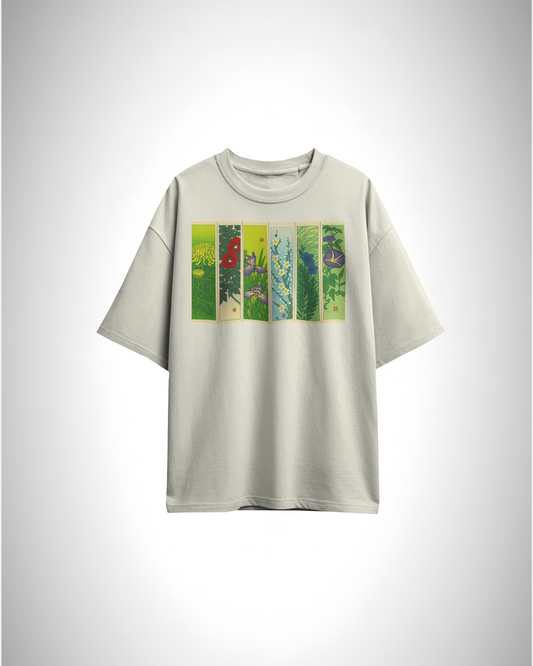 Hanafuda Garden, off white color, front side, oversized printed t-shirt