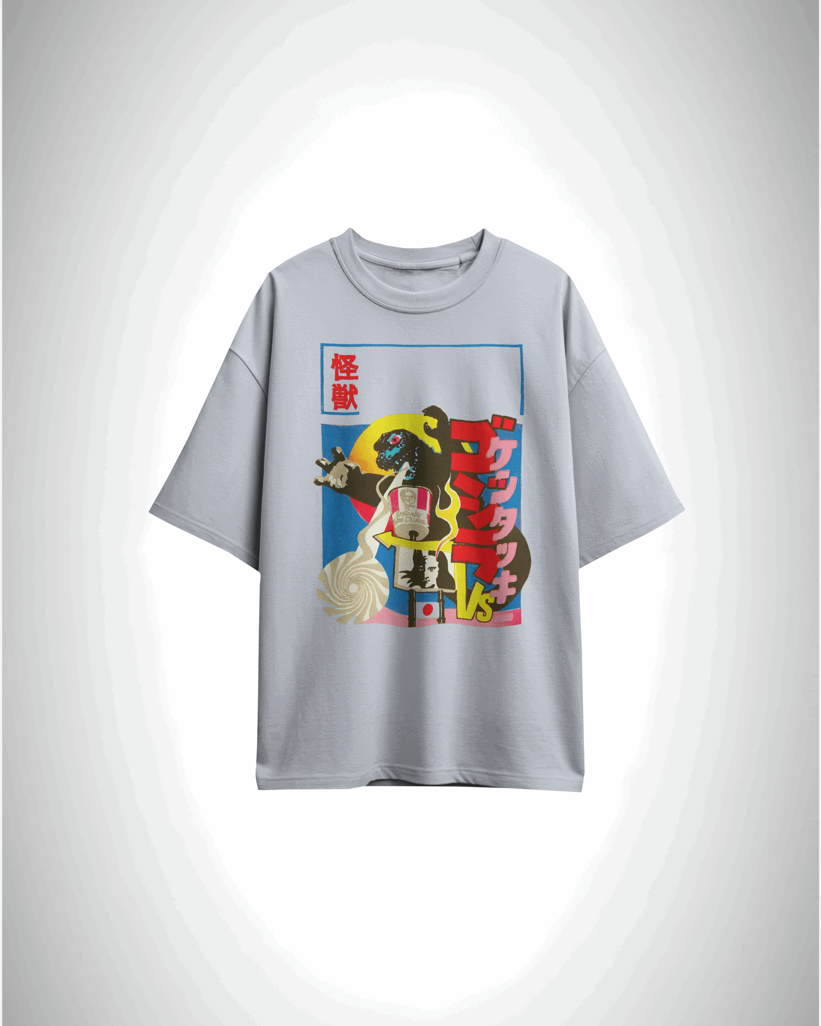 kaiju kravings, grey color, front side, oversized graphic printed t-shirt.