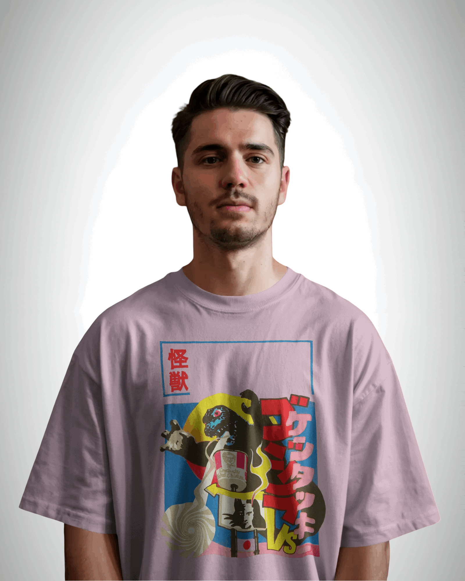 kaiju kravings, baby pink color, front side, man wearing, oversized graphic printed t-shirt.