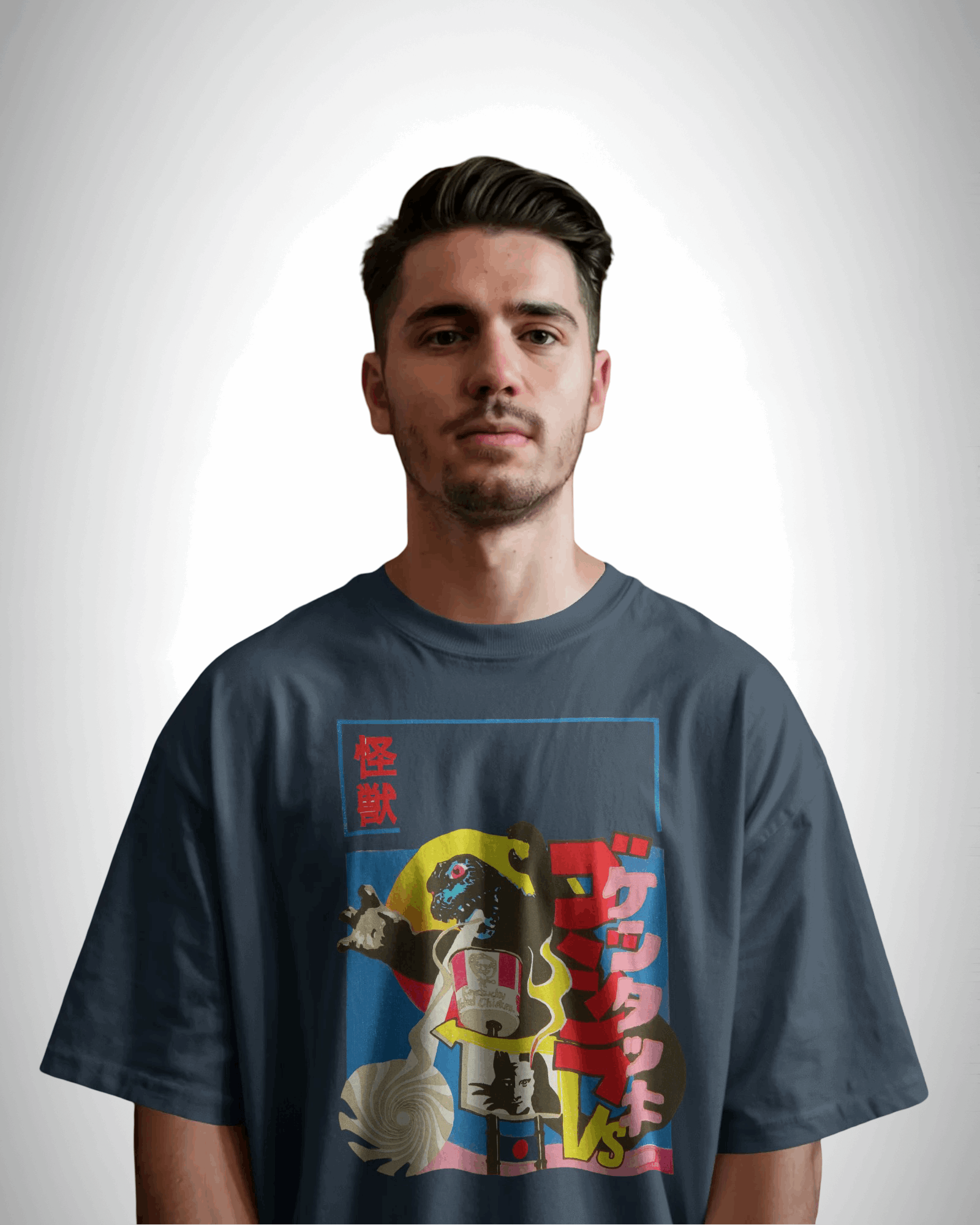 kaiju kravings, petrol blue color, front side,  man wearing, oversized graphic printed t-shirt.