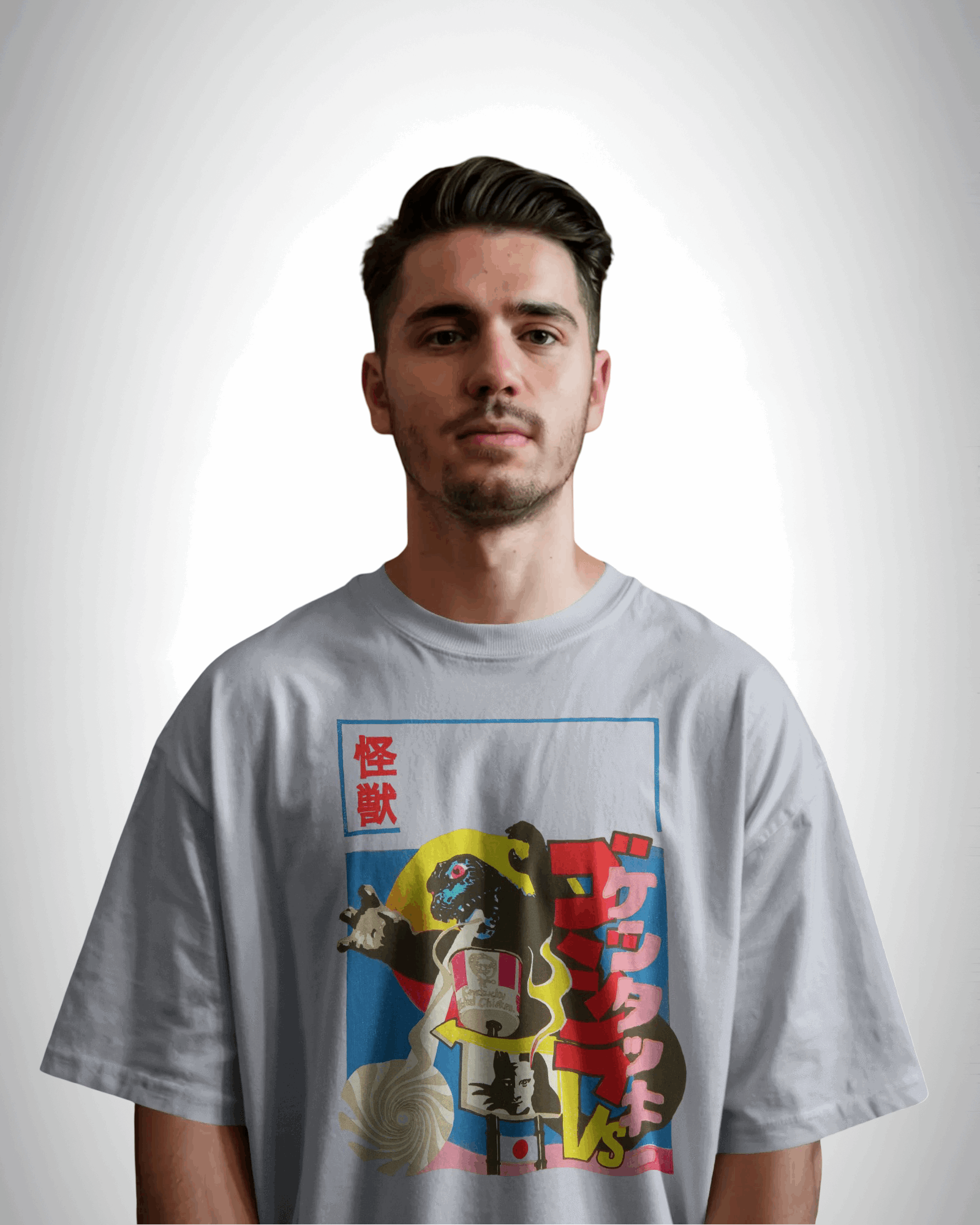 kaiju kravings, grey color, front side, man wearing, oversized graphic printed t-shirt.