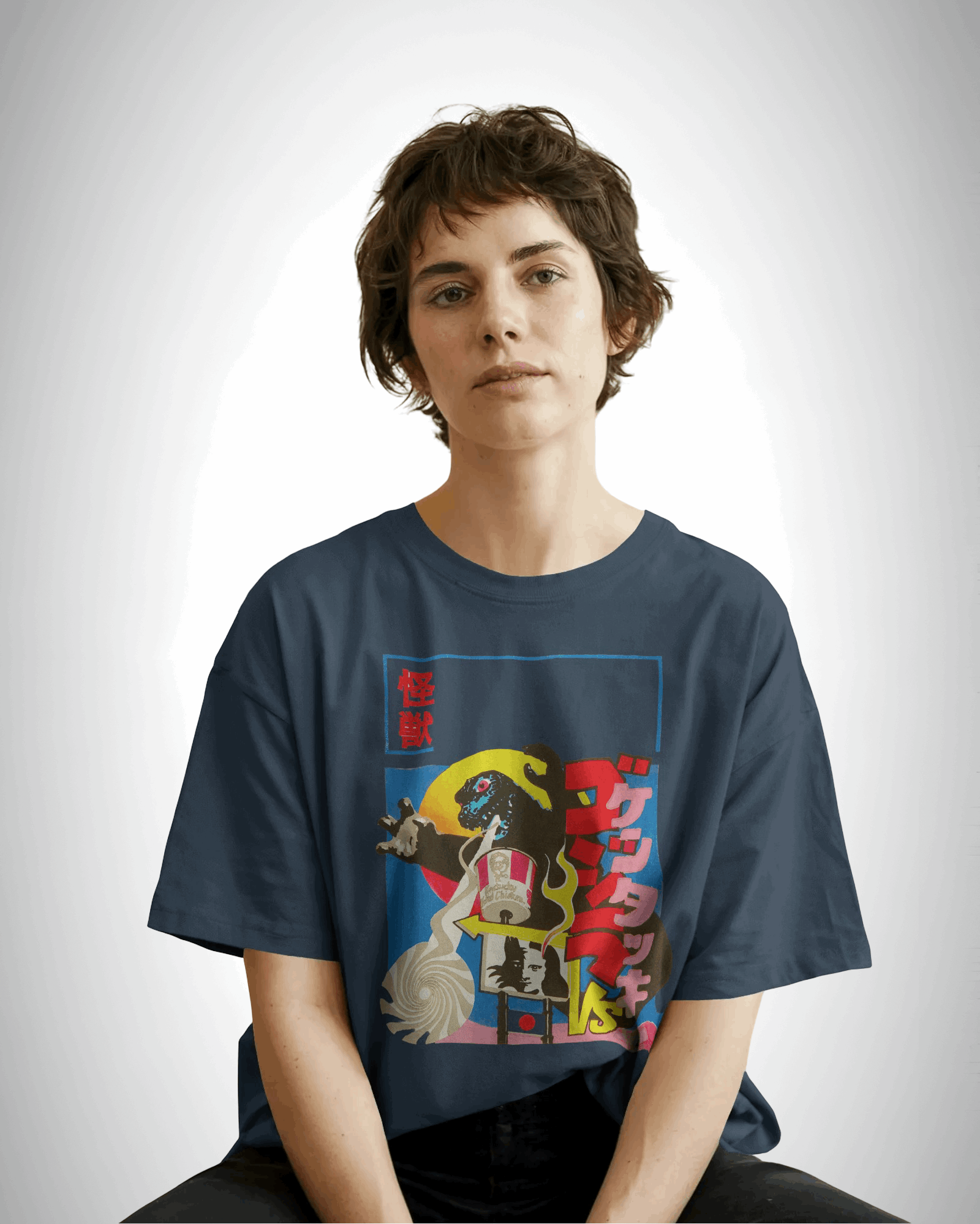 kaiju kravings, petrol blue color, front side,  girl wearing, oversized graphic printed t-shirt.