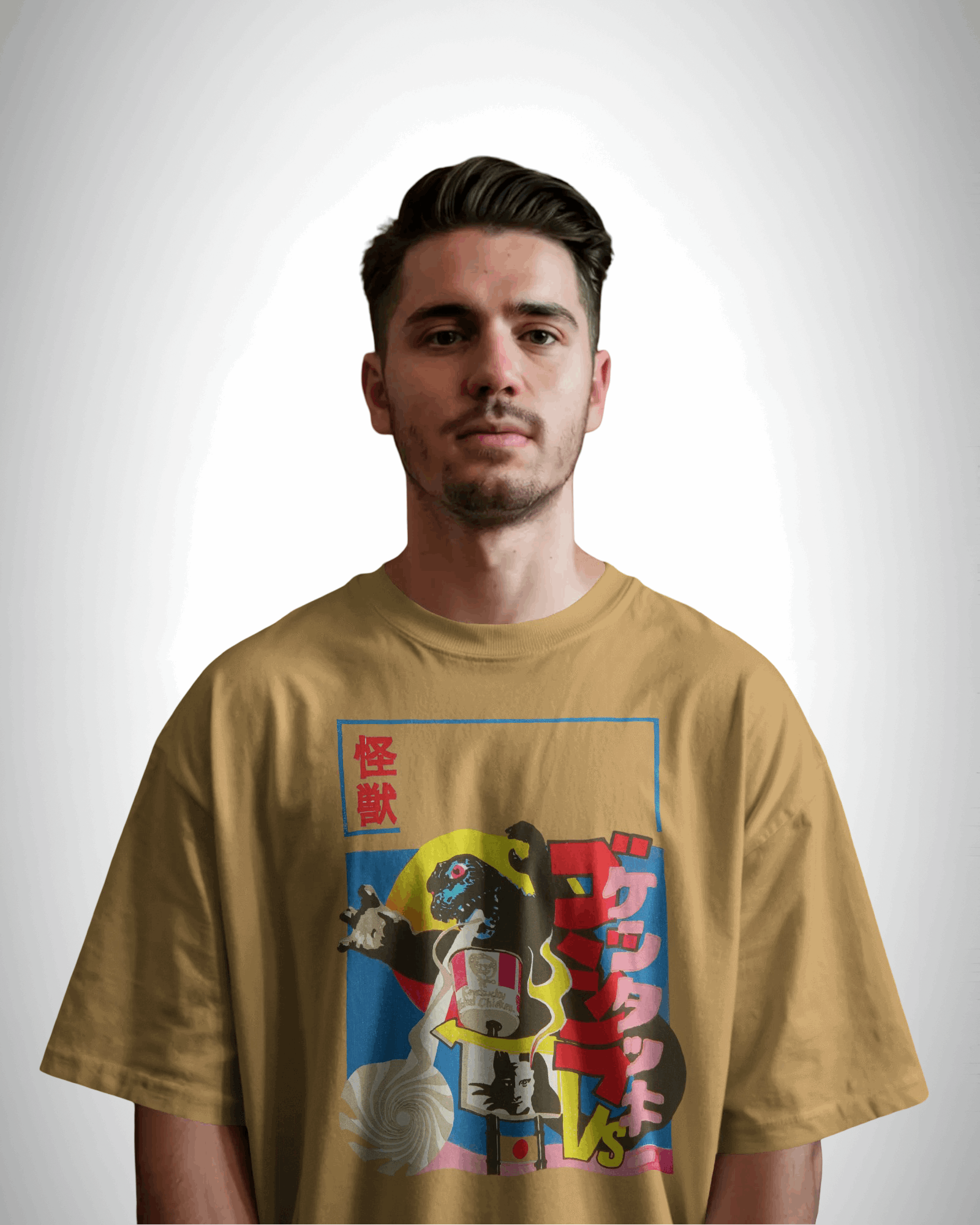 kaiju kravings, yellow color, front side, man wearing, oversized graphic printed t-shirt.