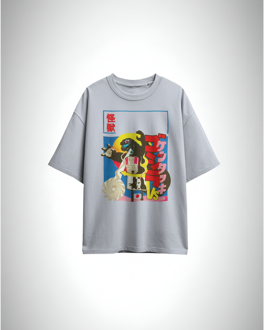 kaiju kravings, grey color, front side, oversized graphic printed t-shirt.