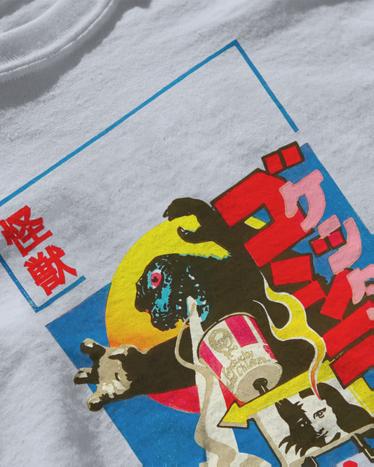 kaiju kravings, grey color, front side, closeup view, oversized graphic printed t-shirt.