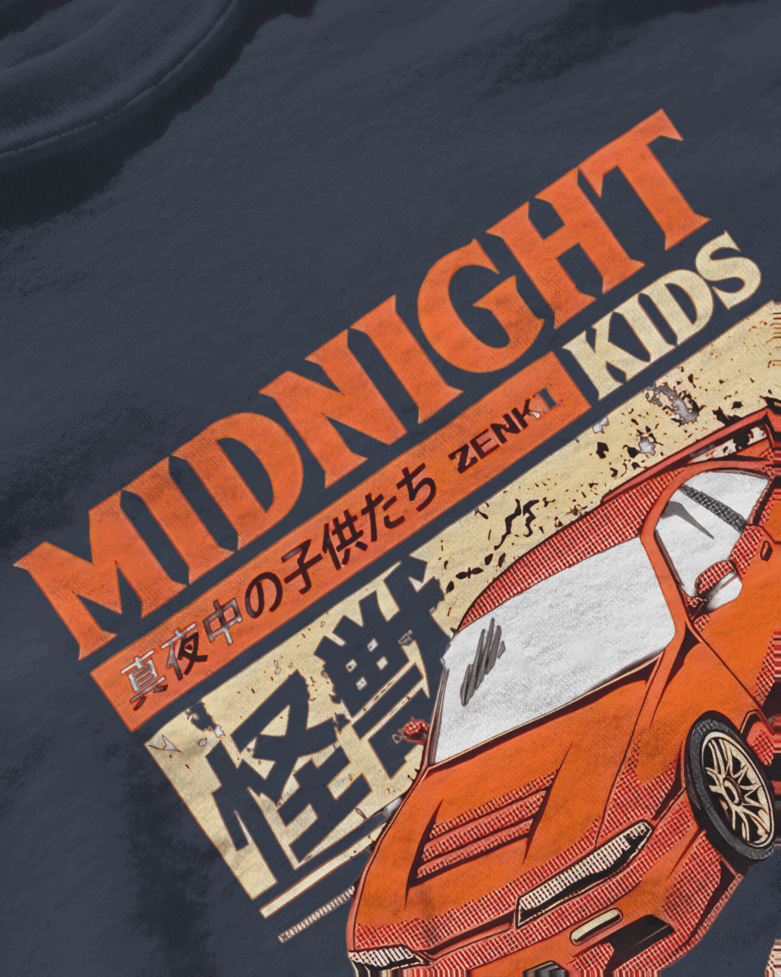 Midnight Kids: Zenki Legends, blue color, front side,  oversized graphic printed t-shirt.