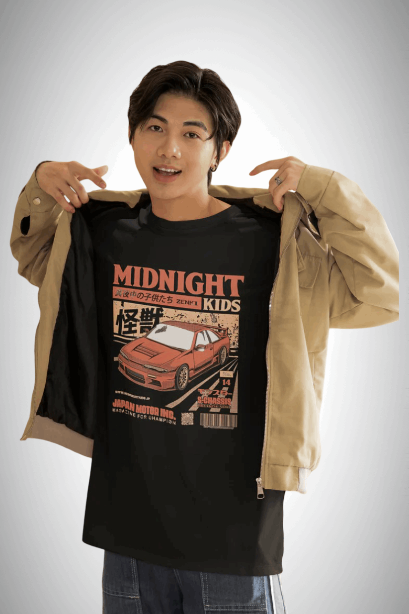 Midnight Kids: Zenki Legends, black color, front side, man wearing with jacket, oversized graphic printed t-shirt.