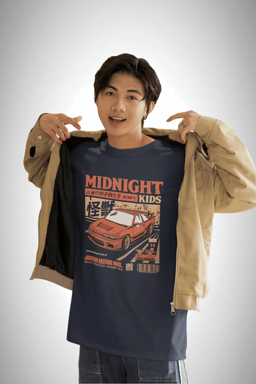 Midnight Kids: Zenki Legends, blue color, front side, man wearing in blue, oversized graphic printed t-shirt.