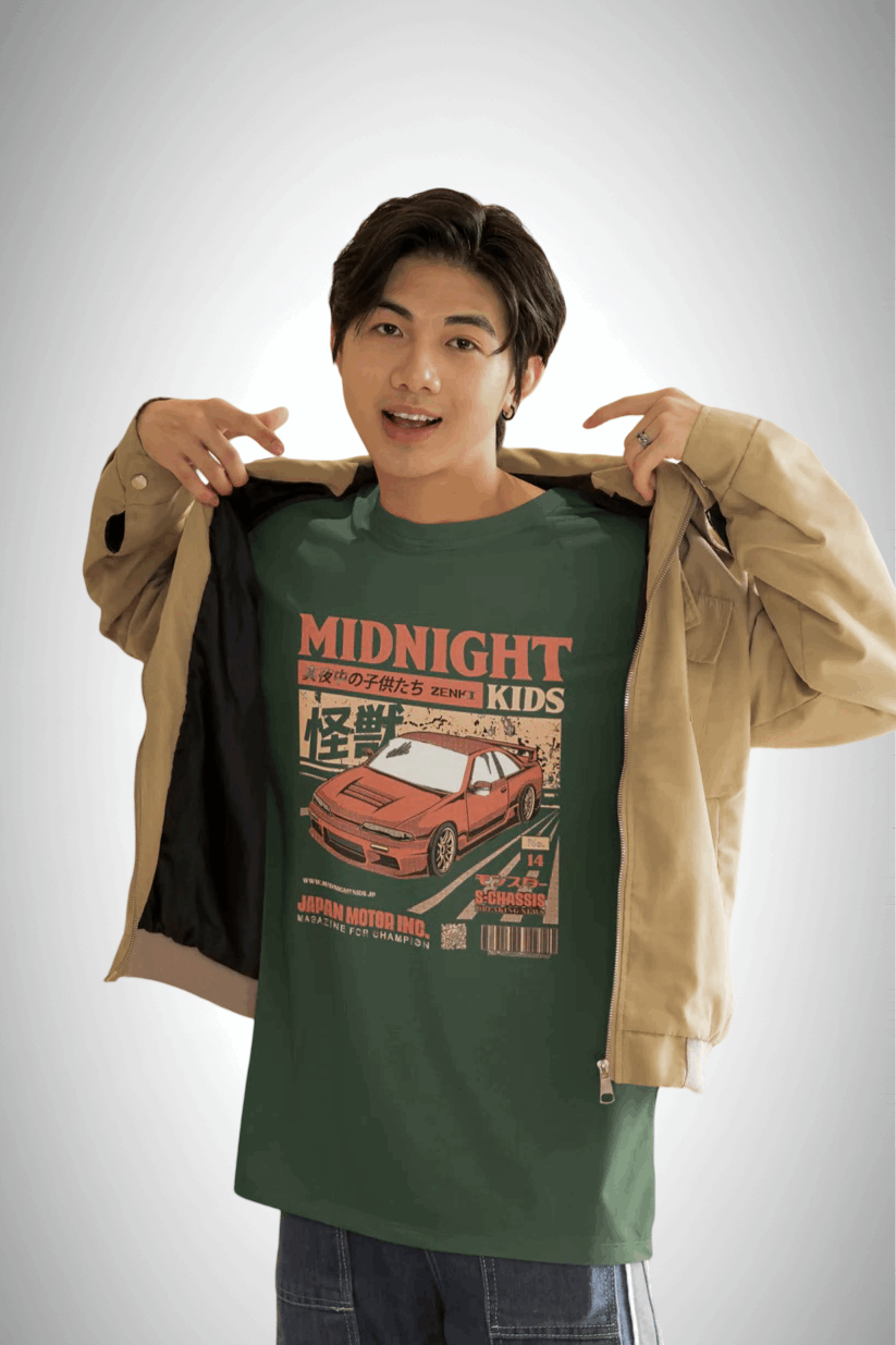 Midnight Kids: Zenki Legends, black color, front side, man wearing, oversized graphic printed t-shirt.