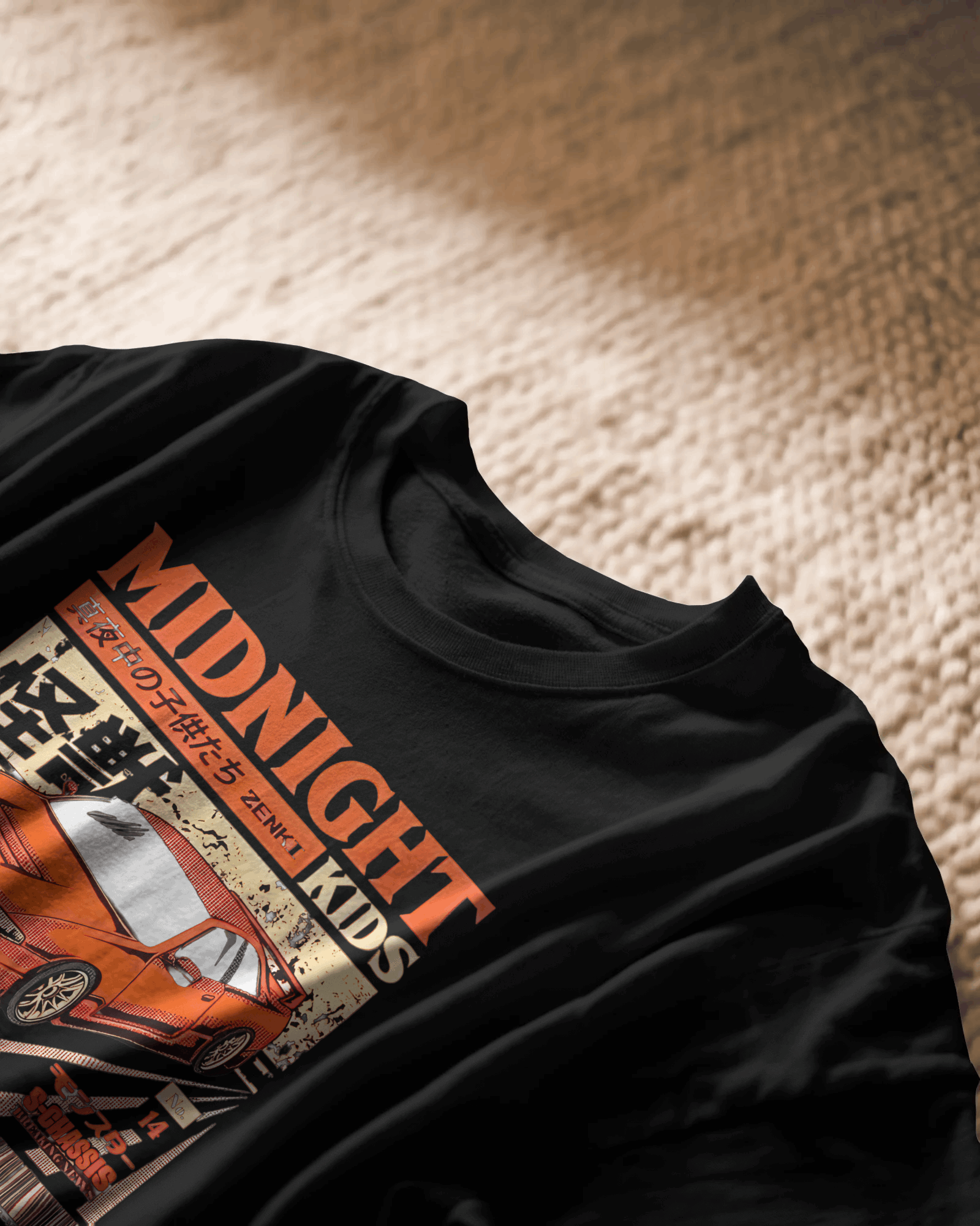 Midnight Kids: Zenki Legends, black color, front side, closeup on carpet, oversized graphic printed t-shirt.