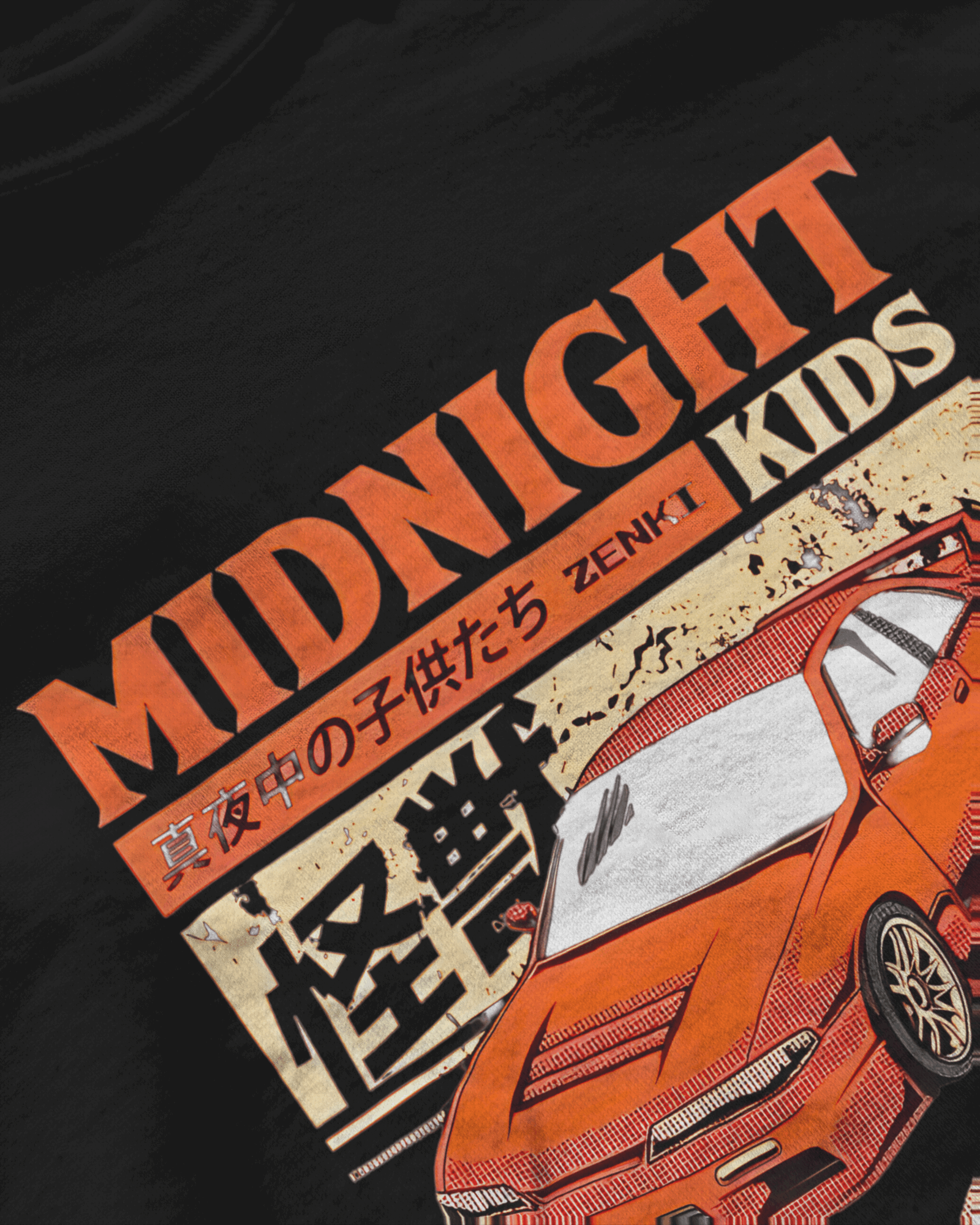Midnight Kids: Zenki Legends, black color, front side, closeup,oversized graphic printed t-shirt.
