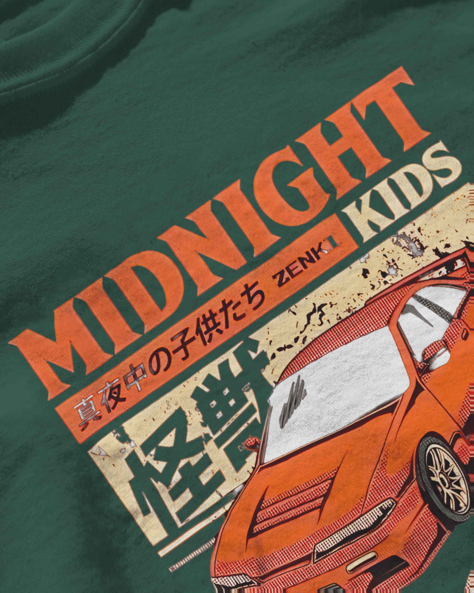 Midnight Kids: Zenki Legends, green color, front side,  oversized graphic printed t-shirt.