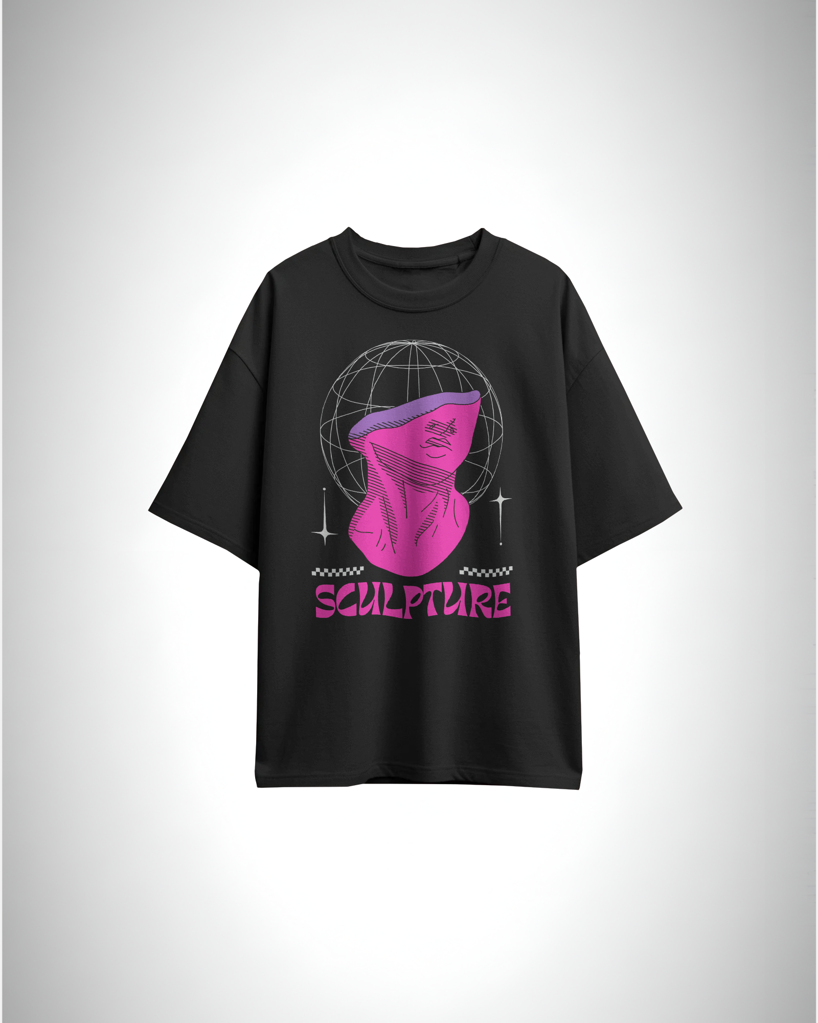 Neo Sculpture Flux Tee, black color, front side, oversized graphic printed t-shirt.