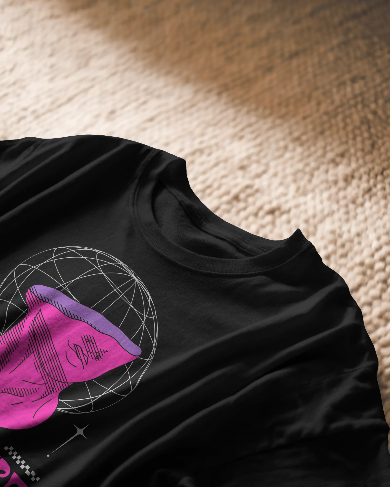 Neo Sculpture Flux Tee, black color, on carper, front side, oversized graphic printed t-shirt.
