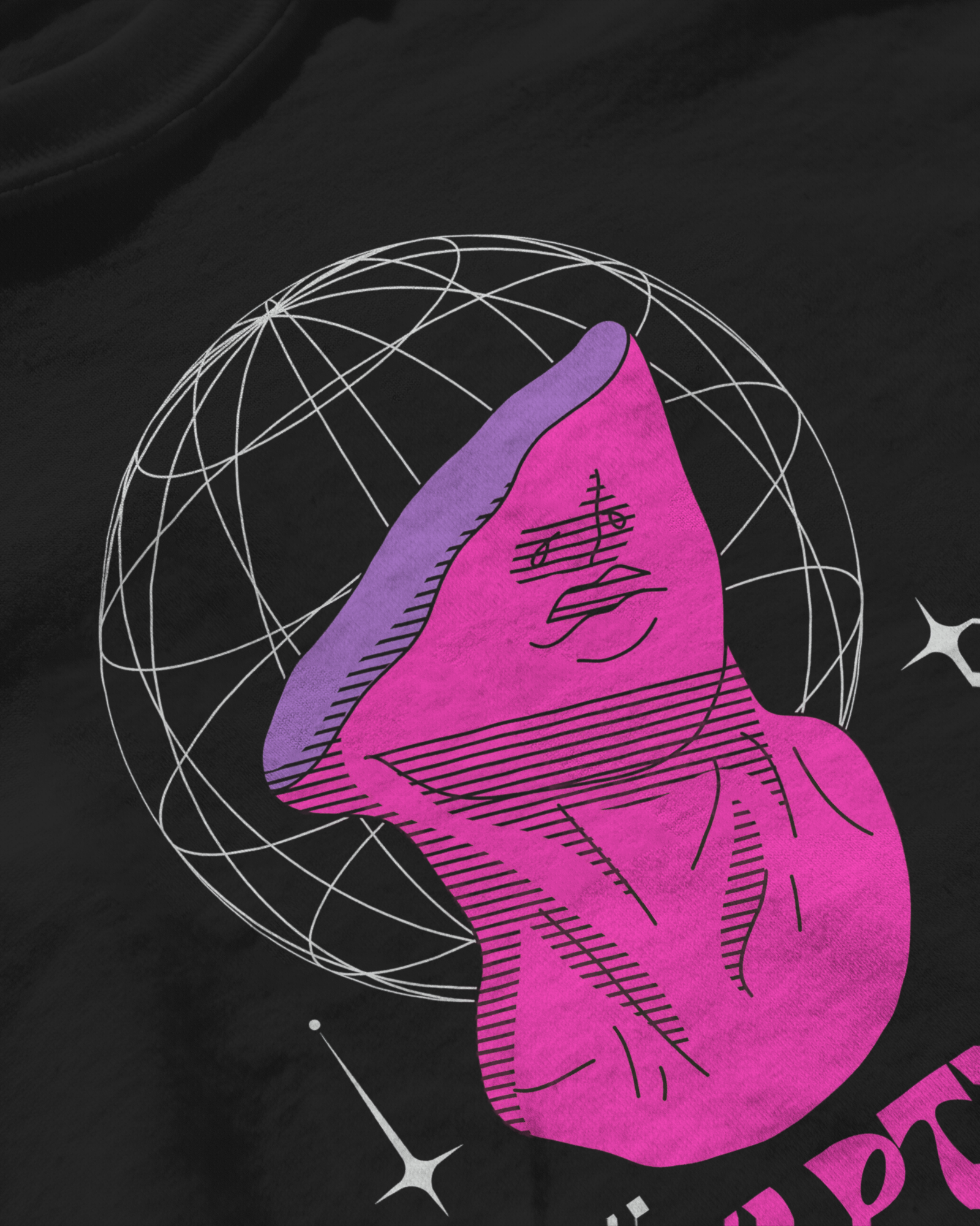 Neo Sculpture Flux Tee, black color, closeup, front side, oversized graphic printed t-shirt.