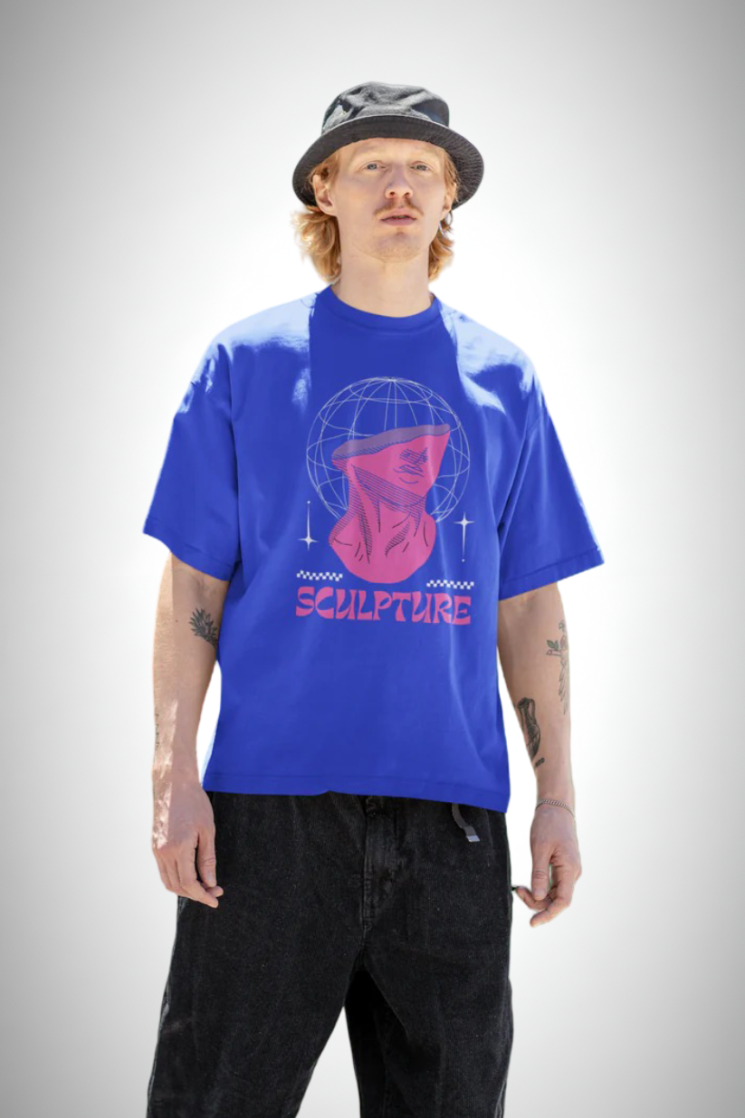 Neo Sculpture Flux Tee, royal blue color, man wearing,  front side, oversized graphic printed t-shirt.