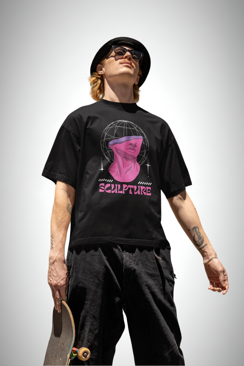 Neo Sculpture Flux Tee, black color, man in hat wearing, front side, oversized graphic printed t-shirt.