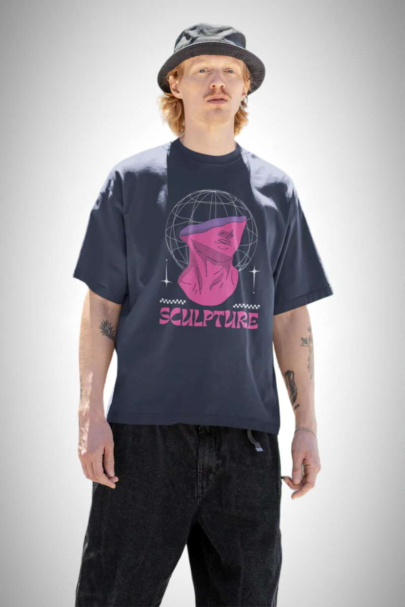 Neo Sculpture Flux Tee, navy blue color,  man wearing, front side, oversized graphic printed t-shirt.