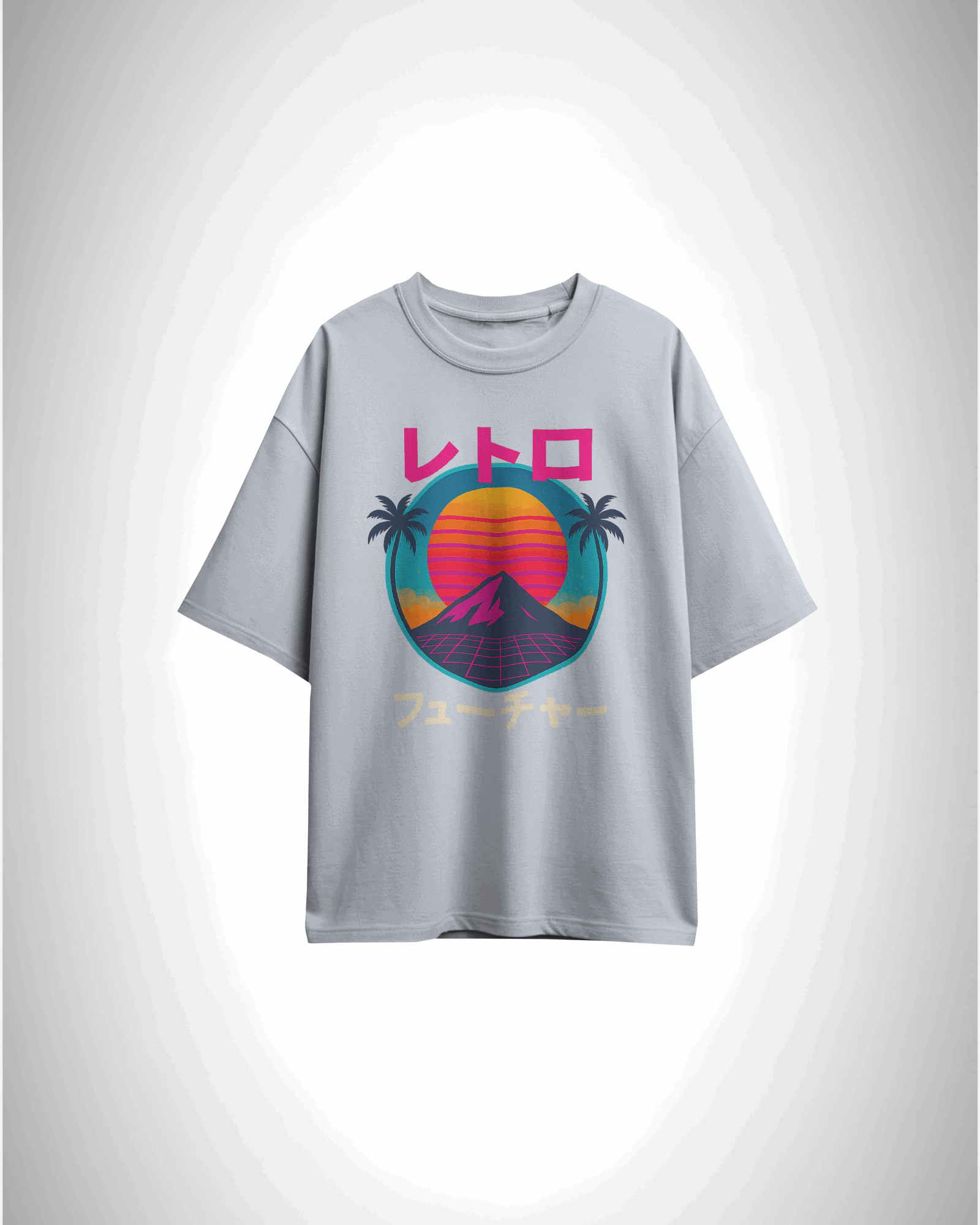 Neon Rebirth: Retro Future, grey color, front side,  oversized graphic printed t-shirt.