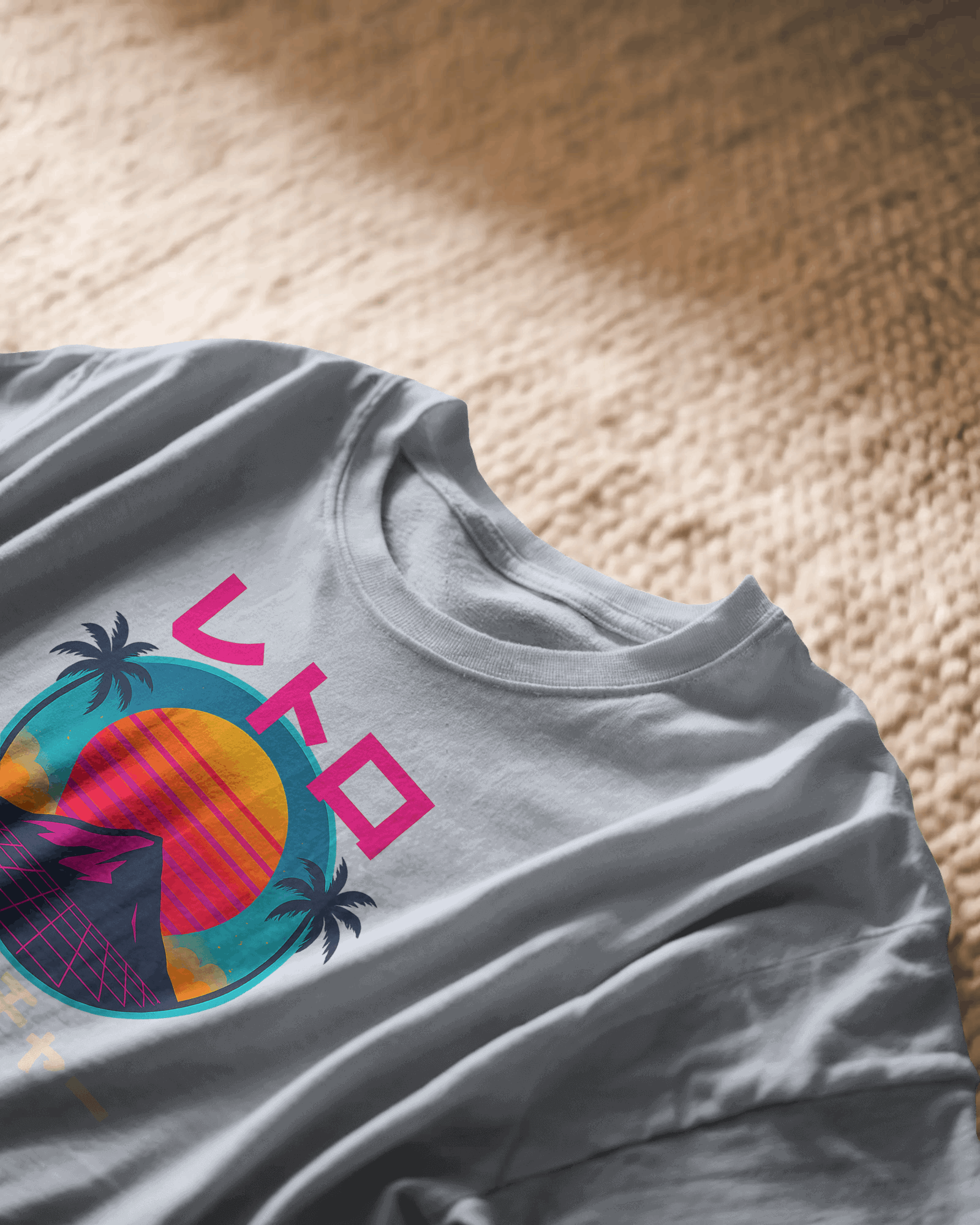 Neon Rebirth: Retro Future, grey color, closeup on carpet, front side,  oversized graphic printed t-shirt.