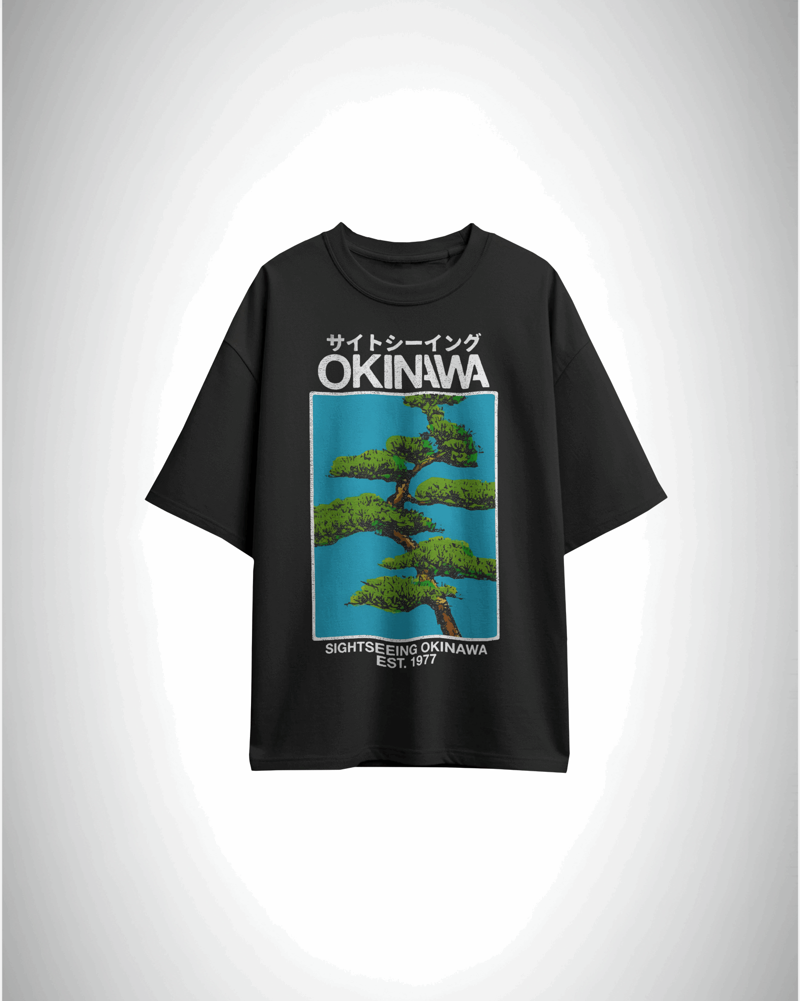 Okinawa Pines, black color, front side,  oversized graphic printed t-shirt.