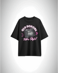 Old Skool Signal : Retro Style Transmission, black color, front side, oversized t-shirt, graphic printed t-shirt.
