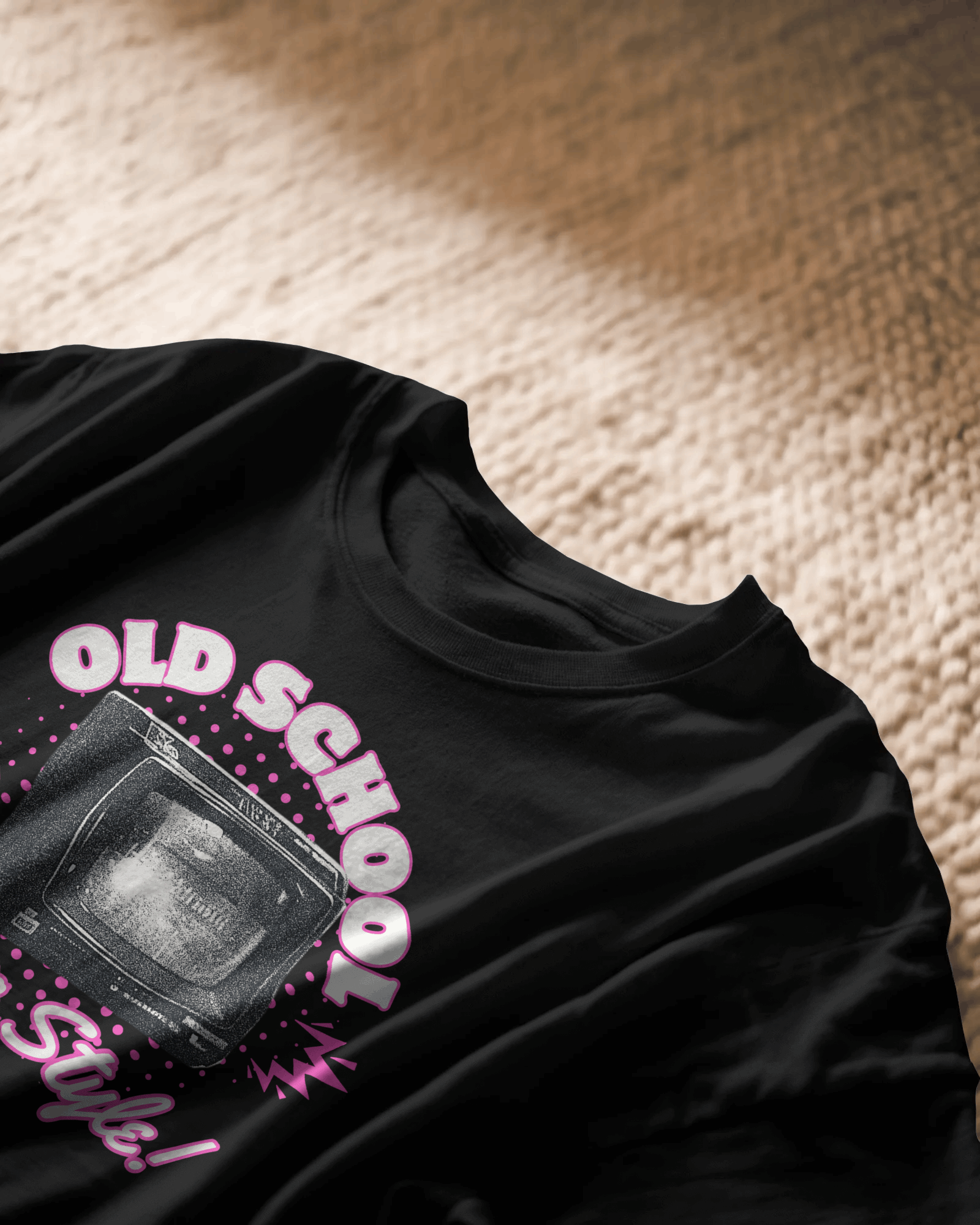Old Skool Signal : Retro Style Transmission, black color, front side, closeup look, oversized t-shirt, graphic printed t-shirt.