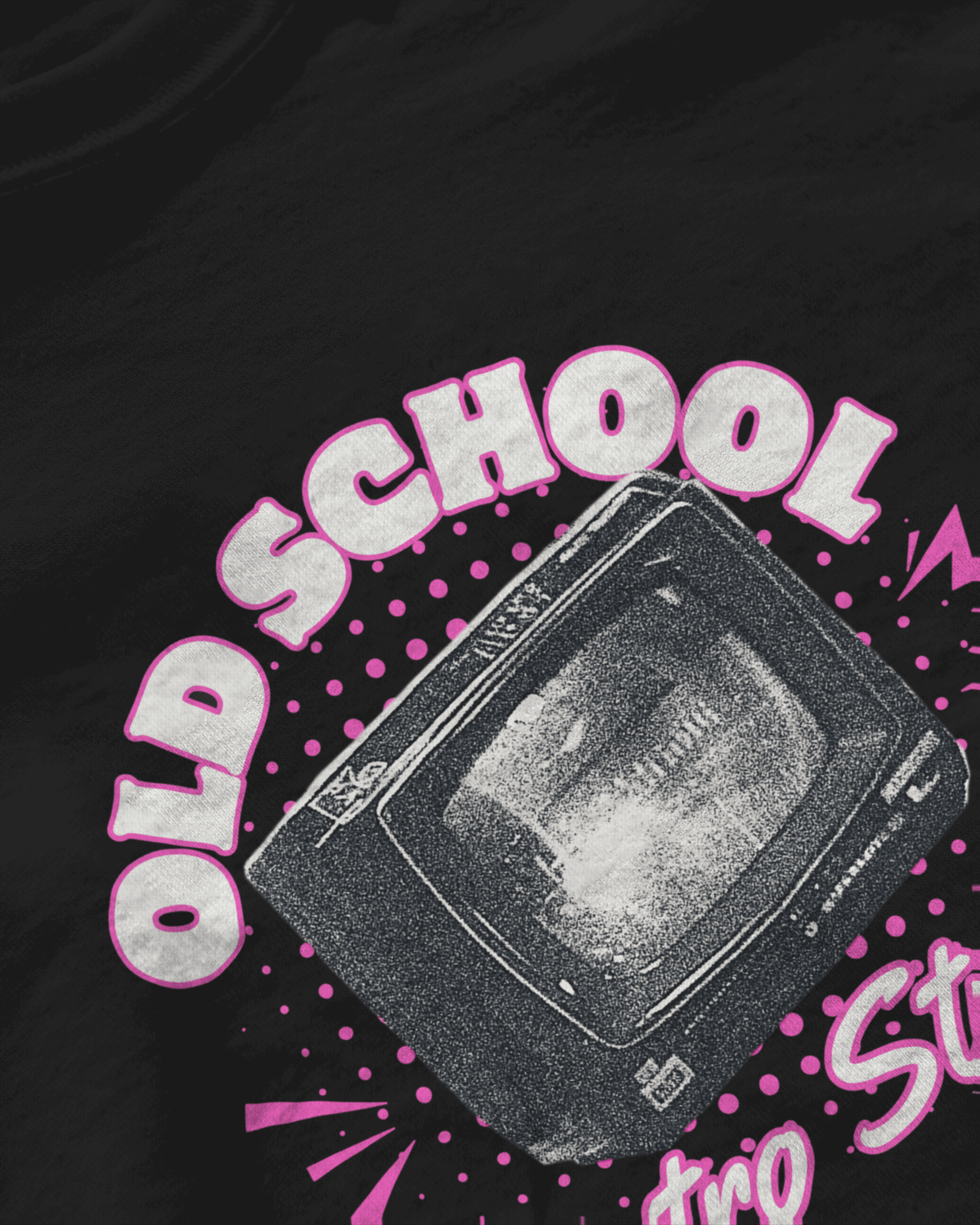 Old Skool Signal : Retro Style Transmission, black color, front side, closeup look, oversized t-shirt, graphic printed t-shirt.