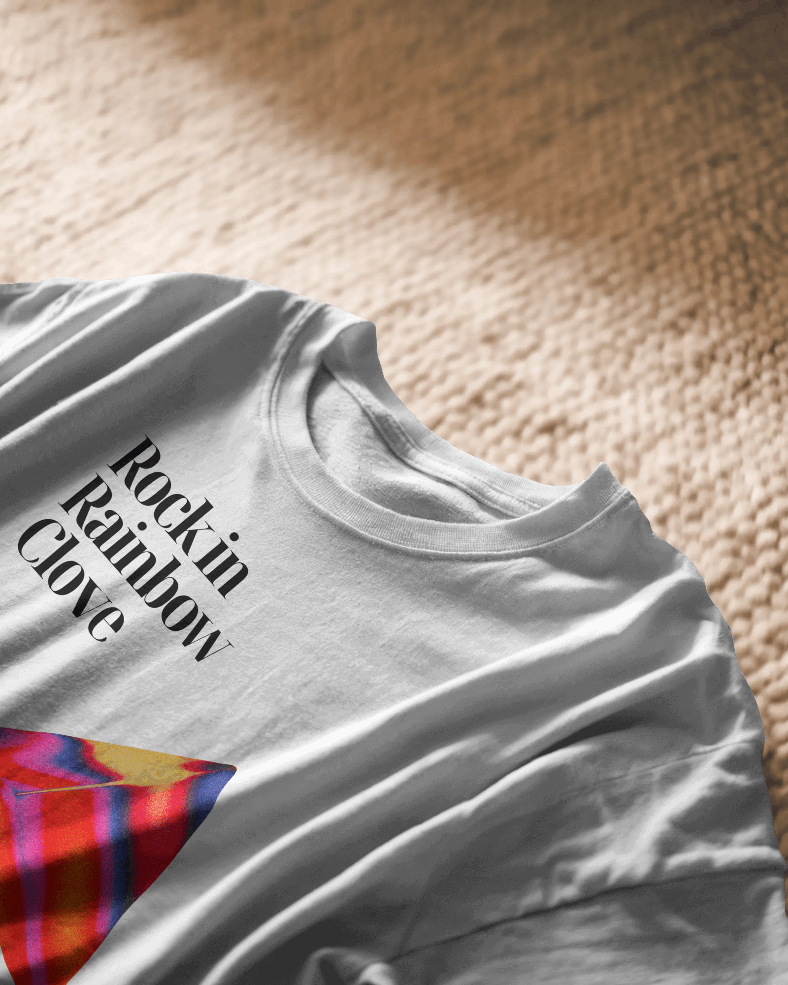 Prism Pulse, white color, front side,  close up on carpet, oversized graphic printed t-shirt.