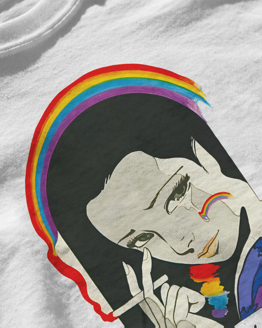 Rainbow Tears, white color, front side, closeup view, oversized, graphic printed t-shirt
