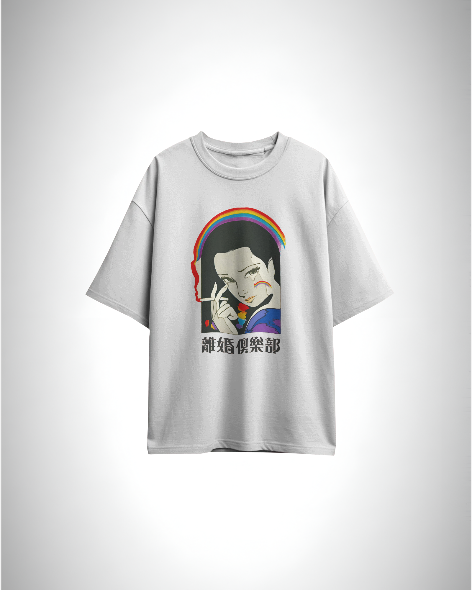 Rainbow Tears, white color, front side, oversized, graphic printed t-shirt
