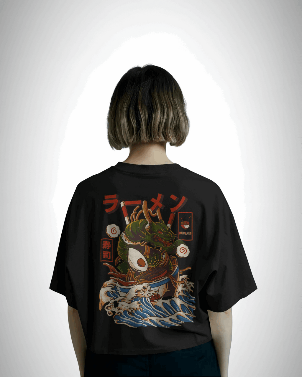 Ramen Dragon, back view, black color, girl wearing, oversized t-shirt, graphic printed t-shirt.