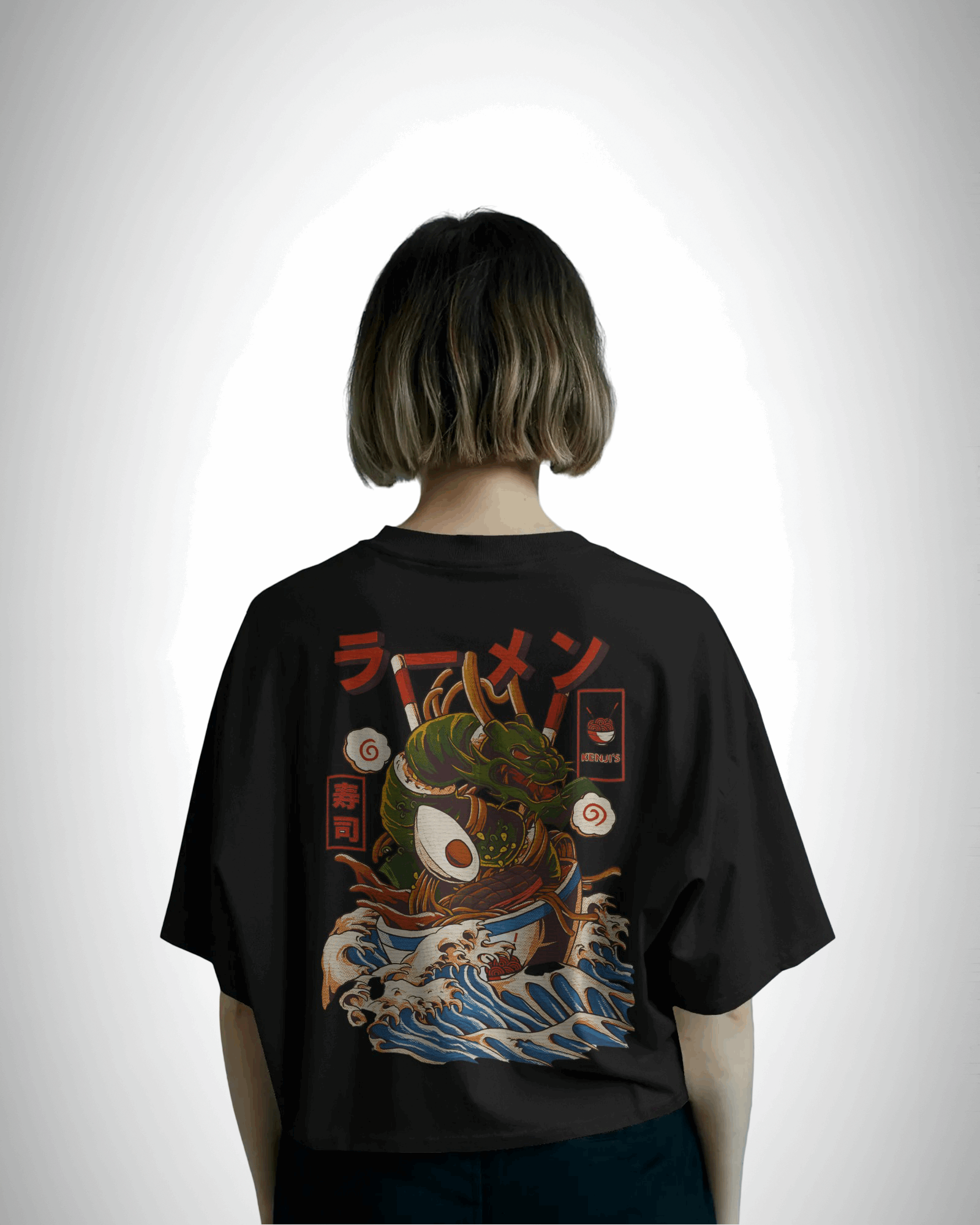 Ramen Dragon, back view, black color, girl wearing, oversized t-shirt, graphic printed t-shirt.