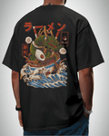 Ramen Dragon, back view, black color, man wearing, oversized t-shirt, graphic printed t-shirt.