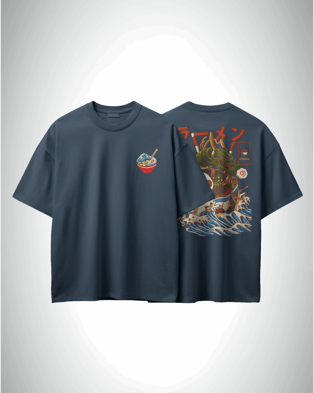 Ramen Dragon, front and back view, petrol blue color, oversized t-shirt, graphic printed t-shirt.