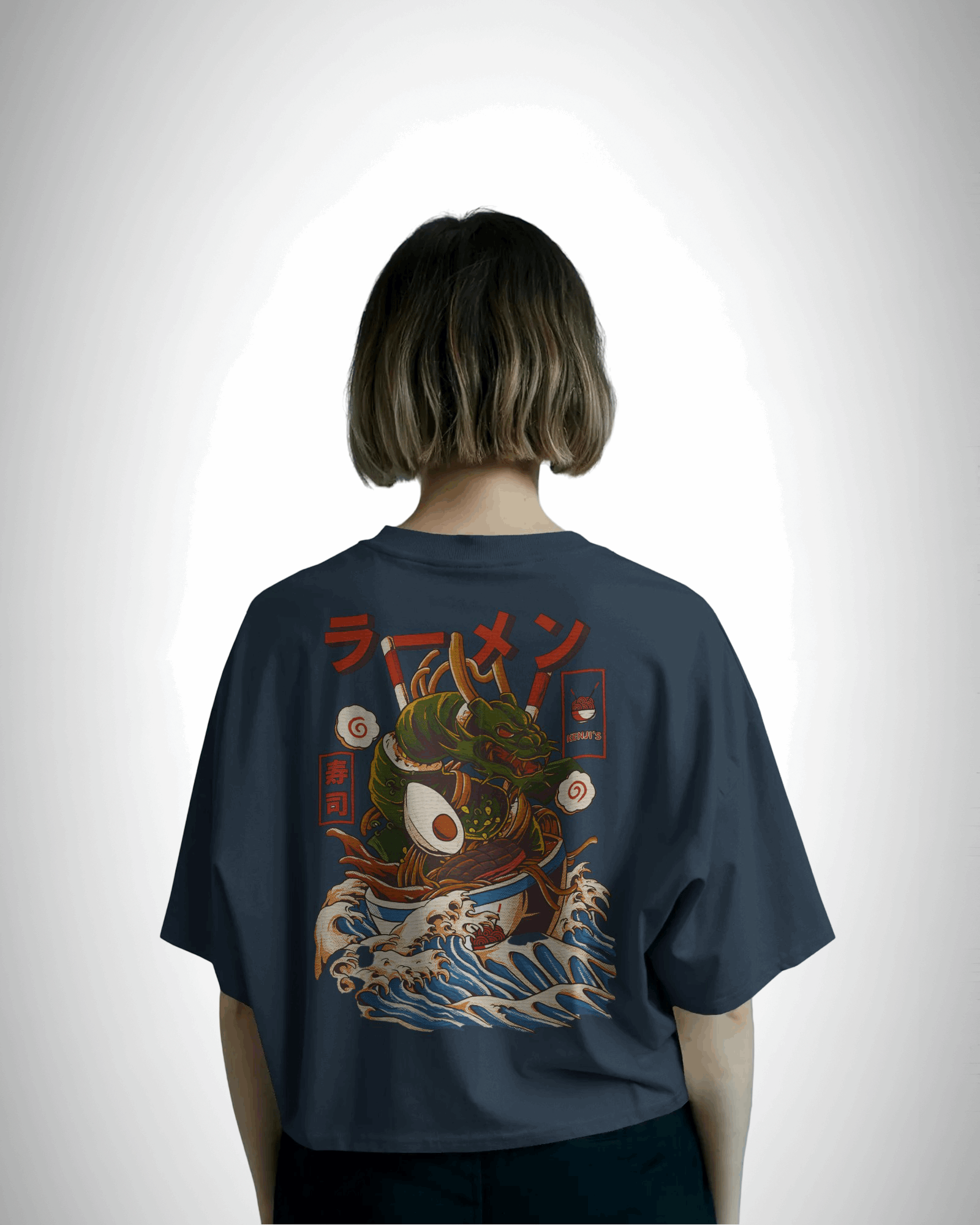 Ramen Dragon, back view, petrol blue color, girl wearing, oversized t-shirt, graphic printed t-shirt.