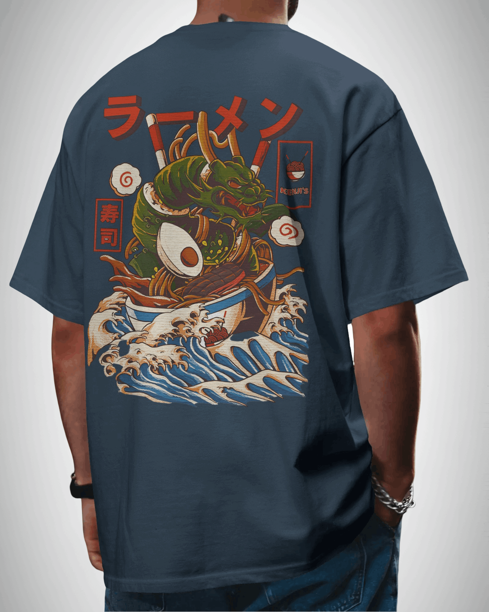 Ramen Dragon, back view, petrol blue color, man wearing, oversized t-shirt, graphic printed t-shirt.
