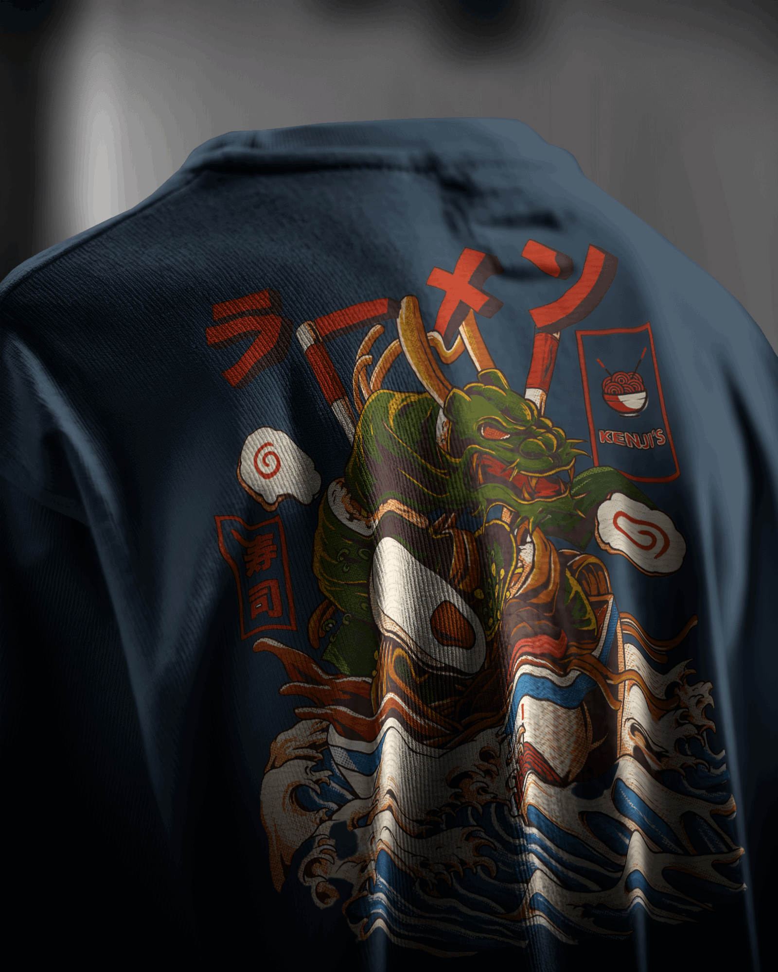 Ramen Dragon, back view, petrol blue color, closeup, oversized t-shirt, graphic printed t-shirt.