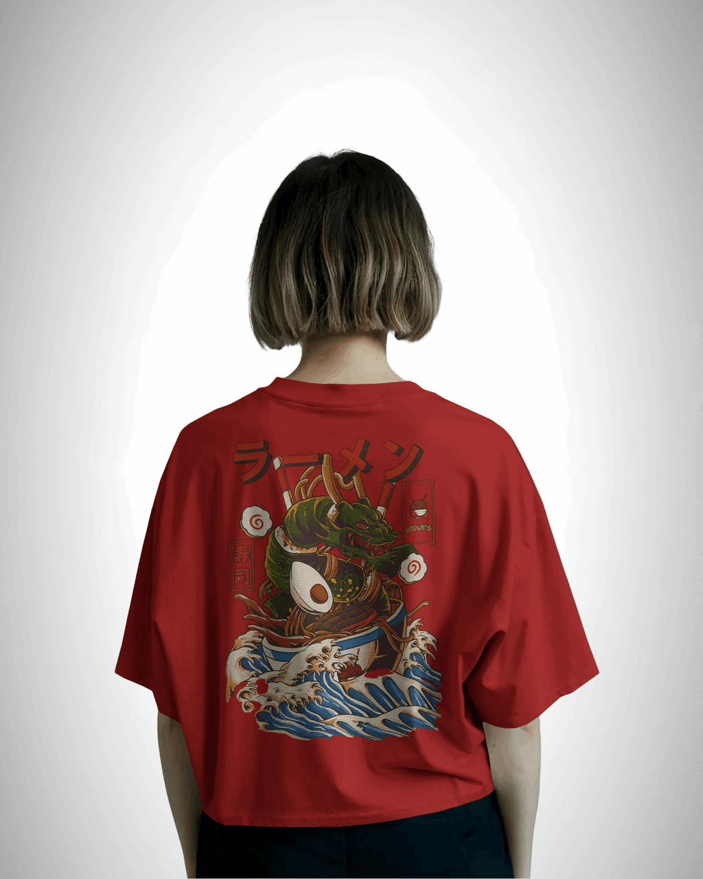 Ramen Dragon, back view, red color, girl wearing, oversized t-shirt, graphic printed t-shirt.