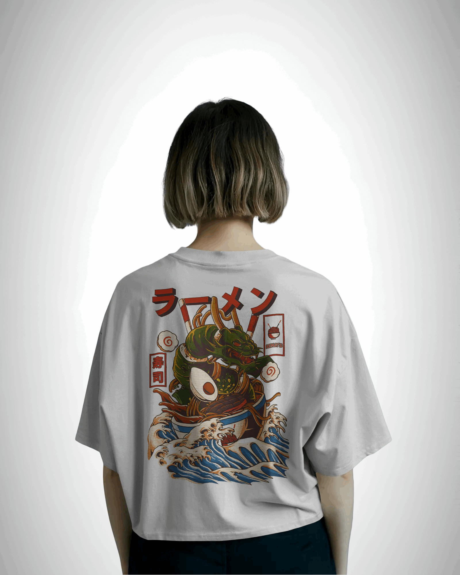 Ramen Dragon, back view, white color, girl wearing, oversized t-shirt, graphic printed t-shirt.