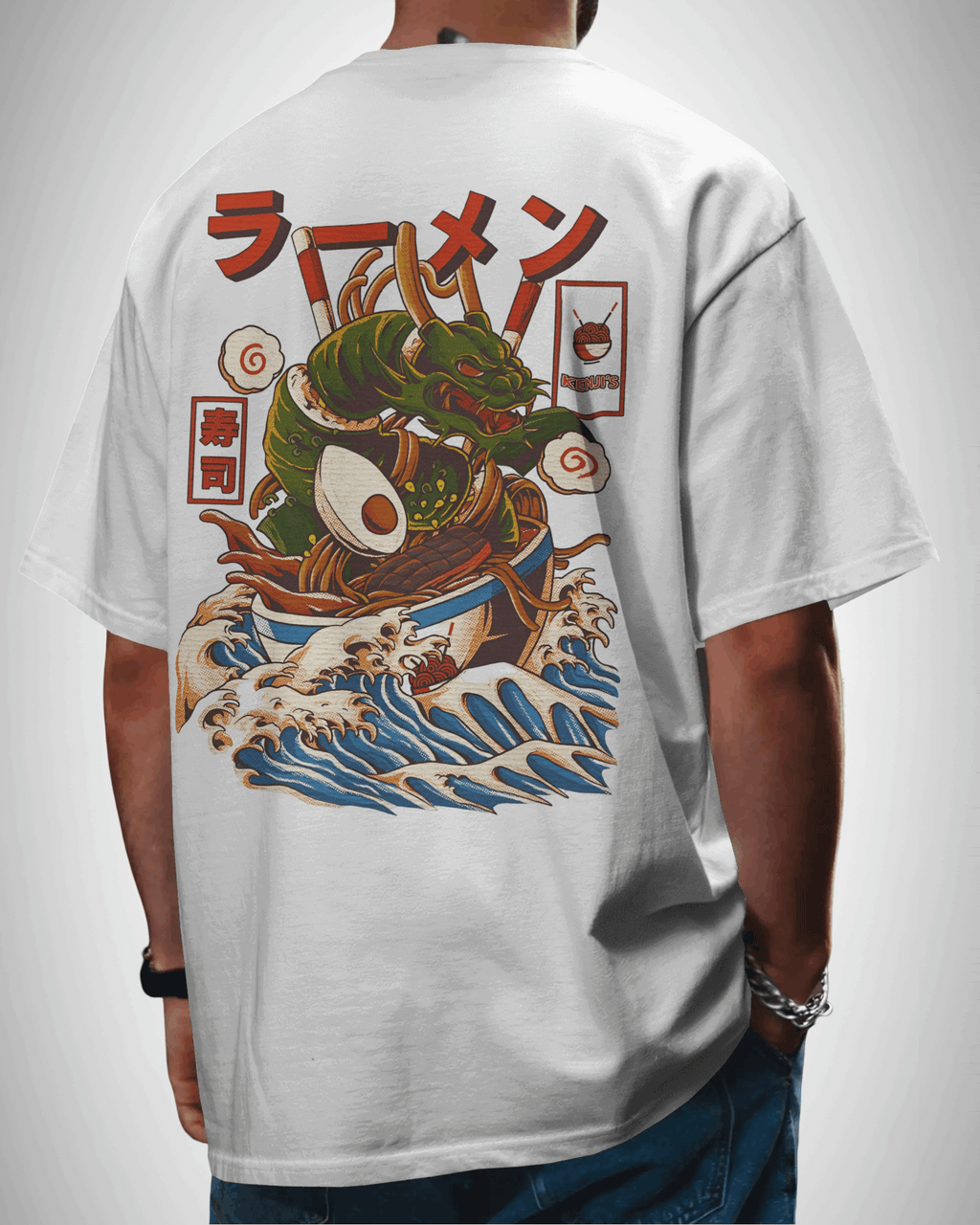 Ramen Dragon, back view, white color, man wearing, oversized t-shirt, graphic printed t-shirt.