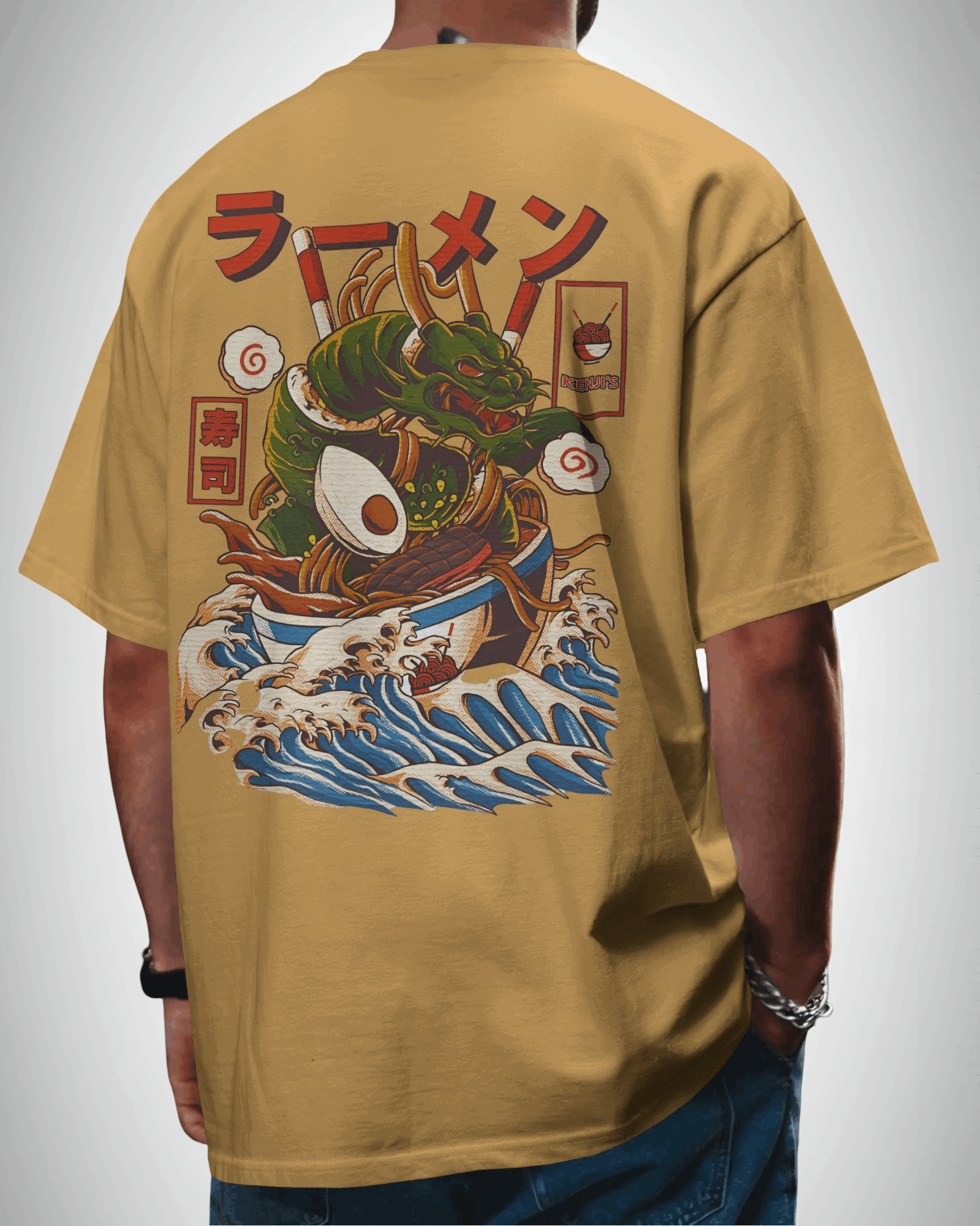 Ramen Dragon, back view, yellow color, man wearing, oversized t-shirt, graphic printed t-shirt.