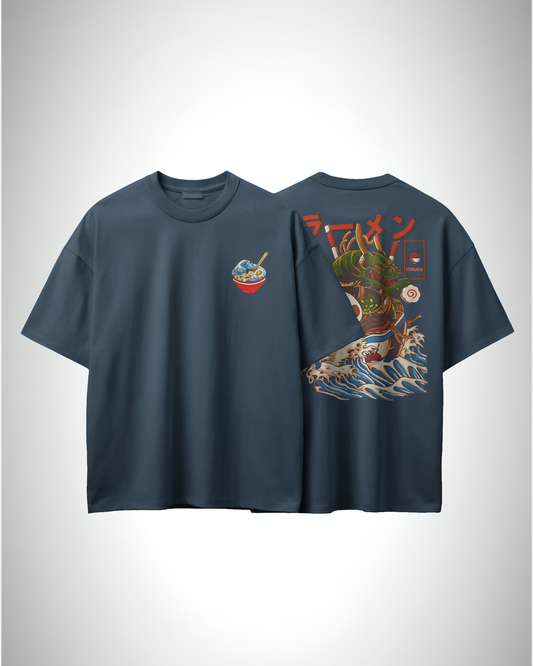 Ramen Dragon, front and back view, petrol blue color, oversized t-shirt, graphic printed t-shirt.
