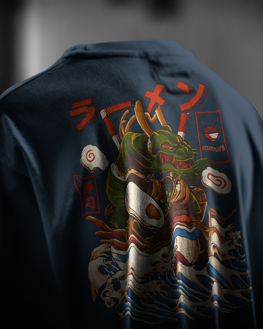 Ramen Dragon, back view, petrol blue color, closeup, oversized t-shirt, graphic printed t-shirt.