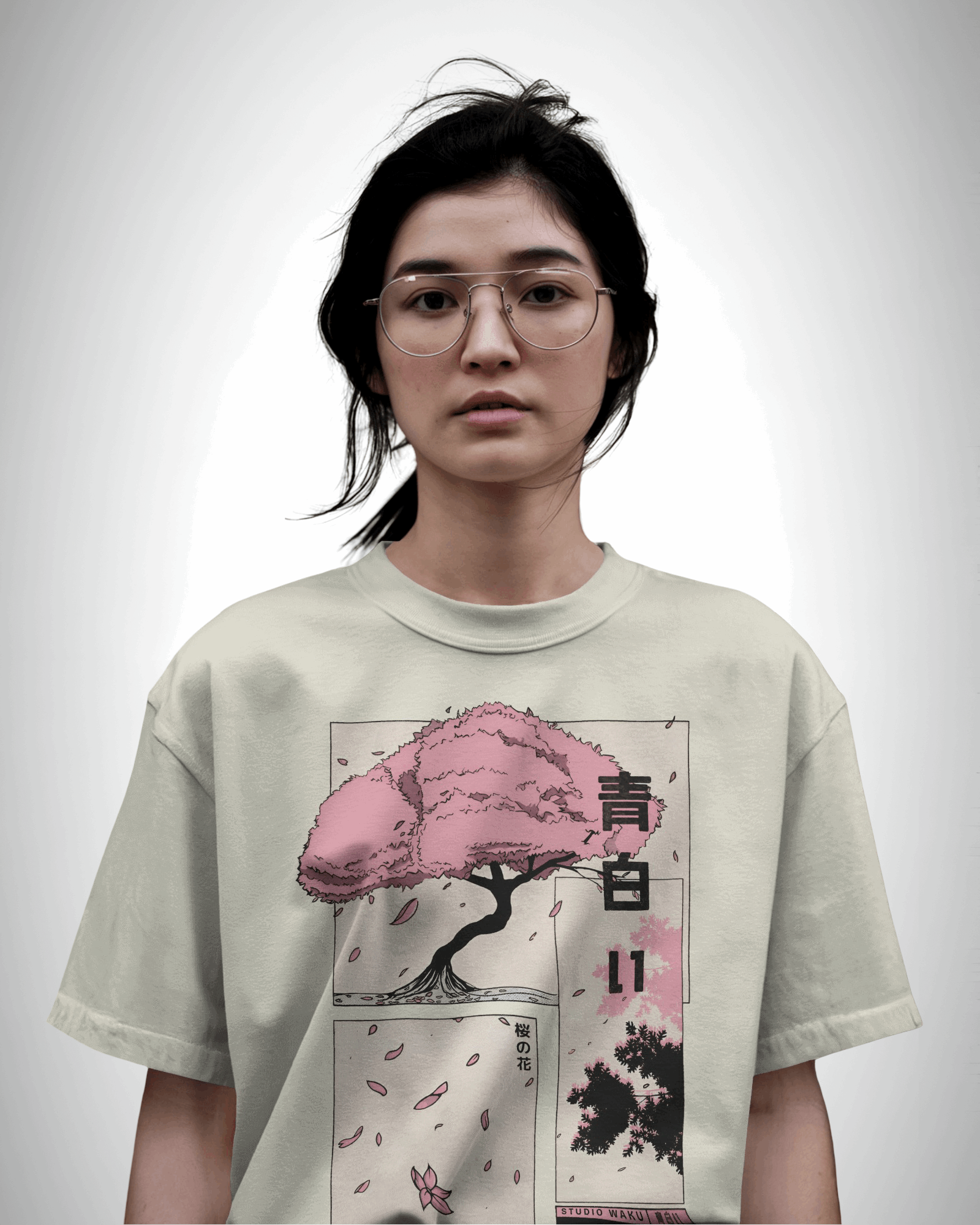 Sakura Dreams, off white color, front side, girl with glasses wearing, oversized printed t-shirt