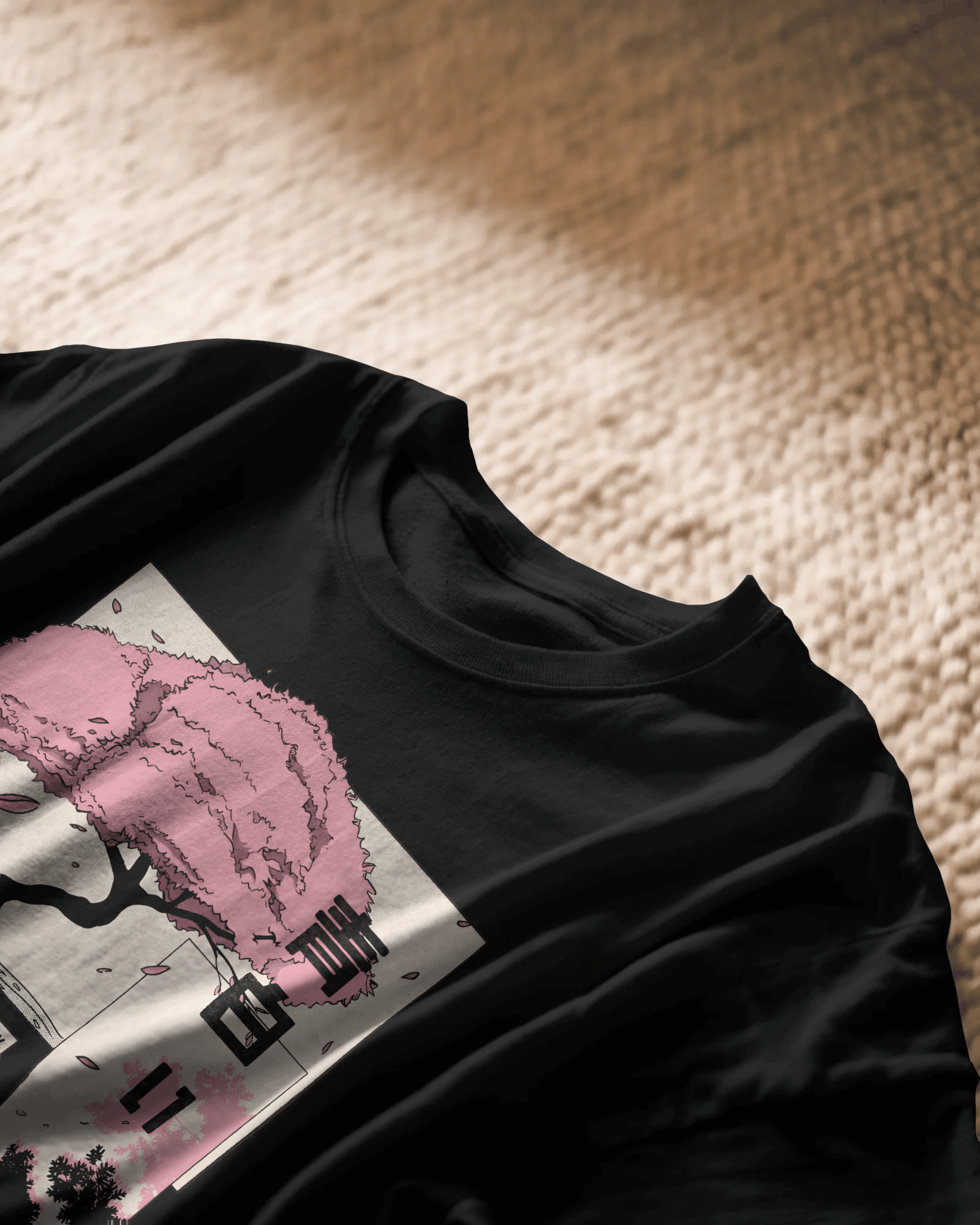 Sakura Dreams, black color, close up, on carpet, front side, oversized printed t-shirt
