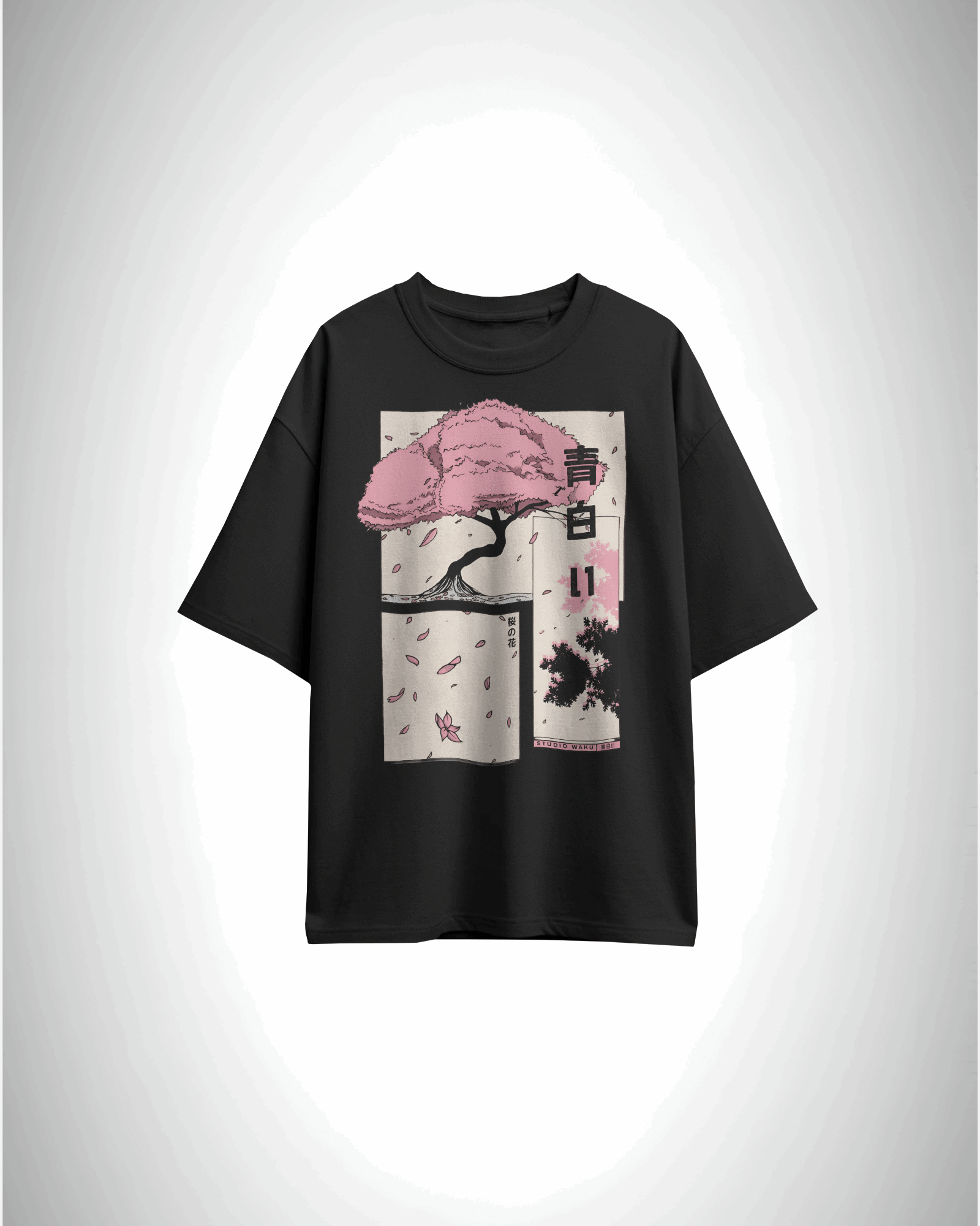 Sakura Dreams, black color, front side, oversized printed t-shirt