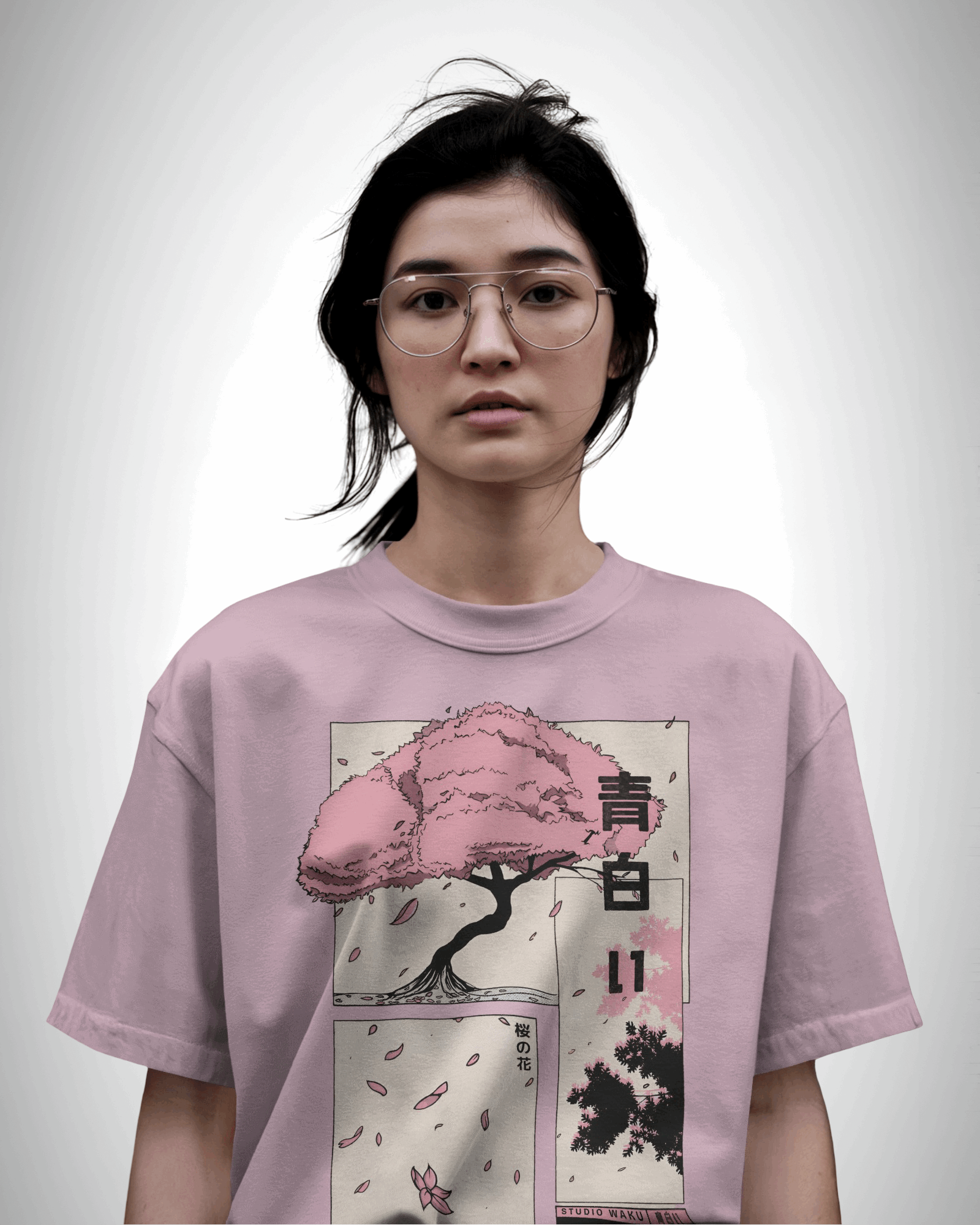 Sakura Dreams, baby pink color, front side, girl with glasses wearing, oversized printed t-shirt