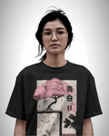 Sakura Dreams, black color, front side, girl with glasses wearing, oversized printed t-shirt